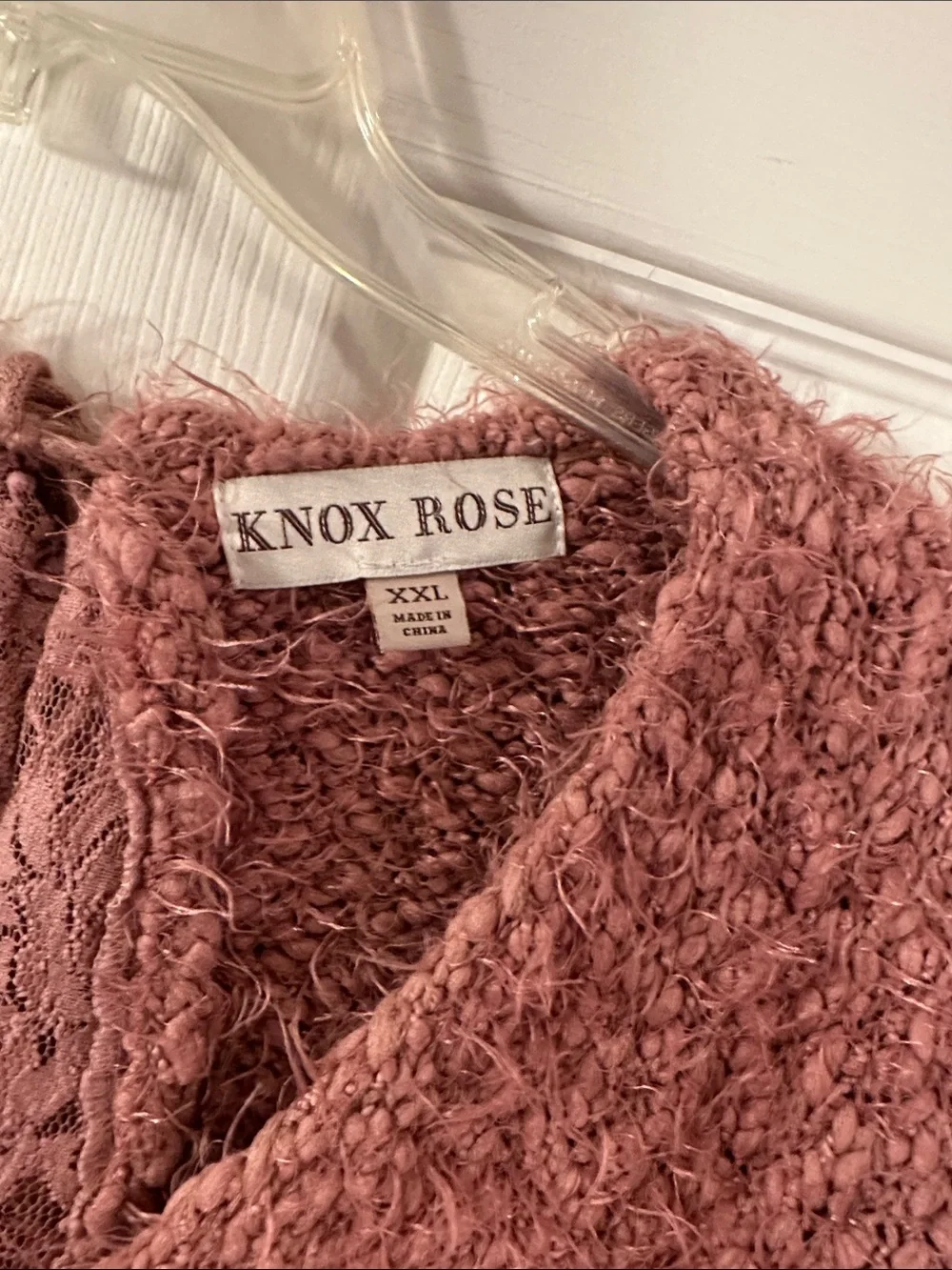 Knox Rose Dusty Mauve V-Neck Fuzzy Sweater with Lace Back